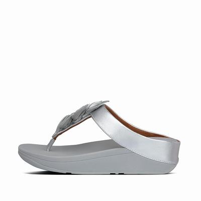 Fitflop Fino Leaf Metallic Leather Toe-Thongs - Sandalen Damen - Silber (EHB514827)